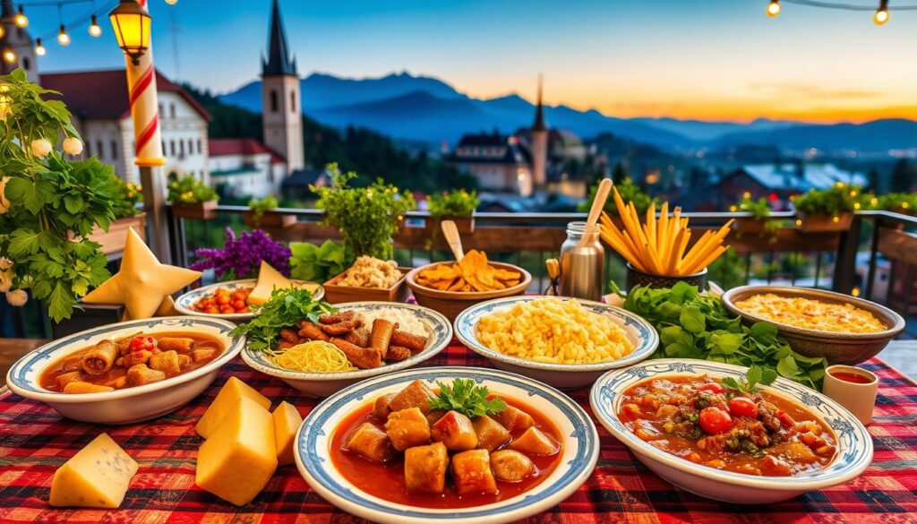 traditional romanian cuisine A traditional Romanian dish served on a rustic wooden table, featuring sarmale (cabbage rolls), mămăligă (cornmeal porridge), and polenta, garnished with fresh herbs