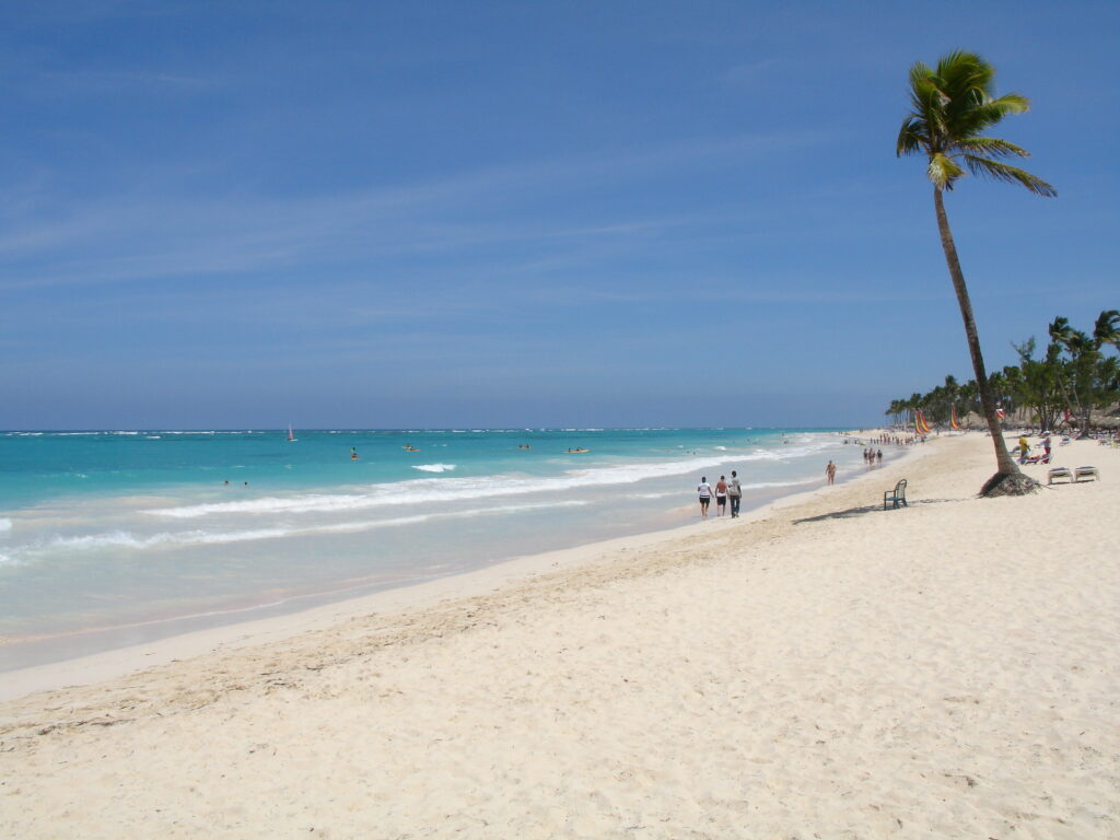 A scenic view of Playa Bávaro Beach with white sand, turquoise water, and swaying palm trees under a clear blue sky