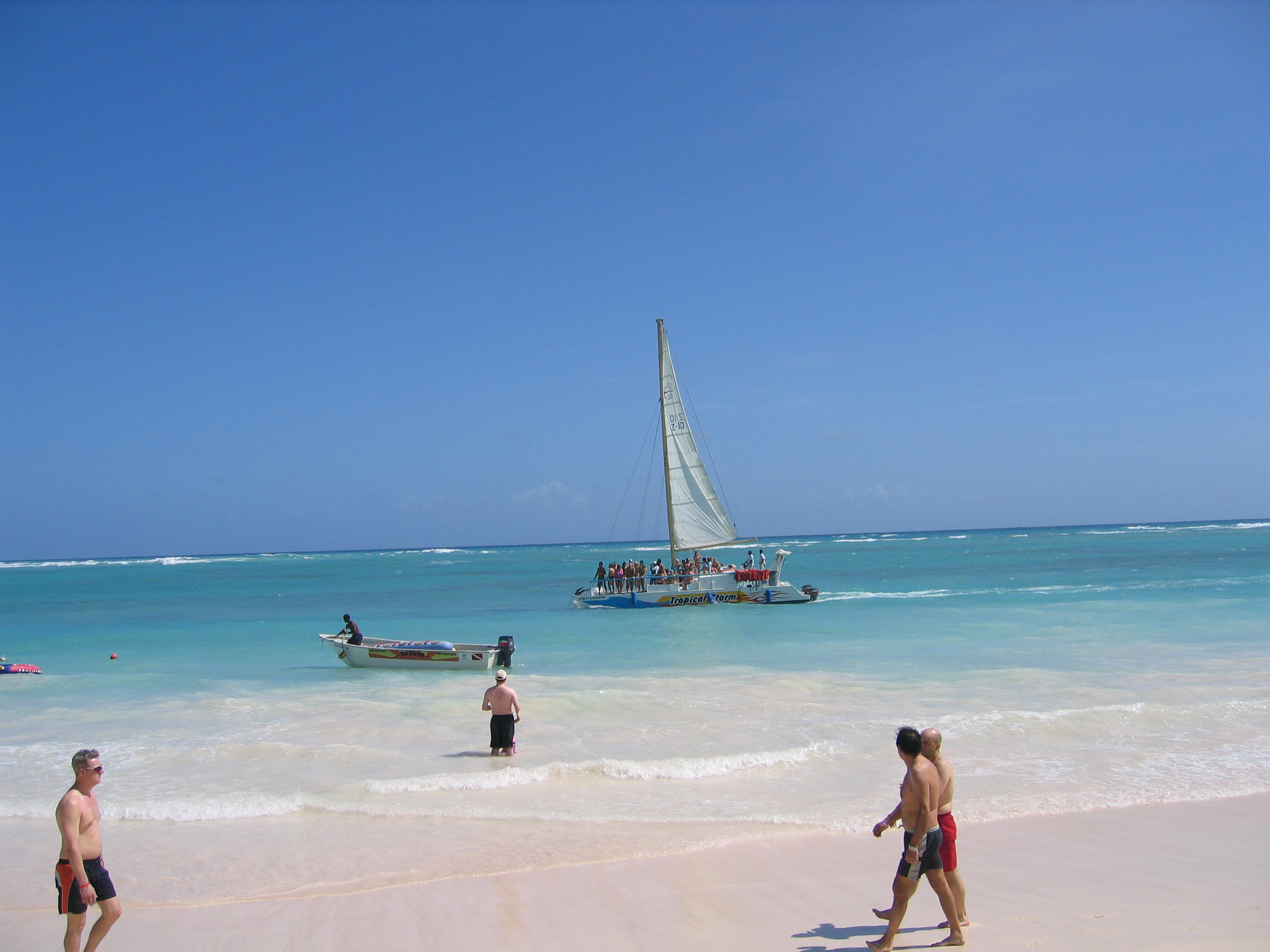 A serene view of Playa Bávaro Beach in Punta Cana, Dominican Republic, featuring white sand, turquoise waters, and palm trees under a clear blue sky