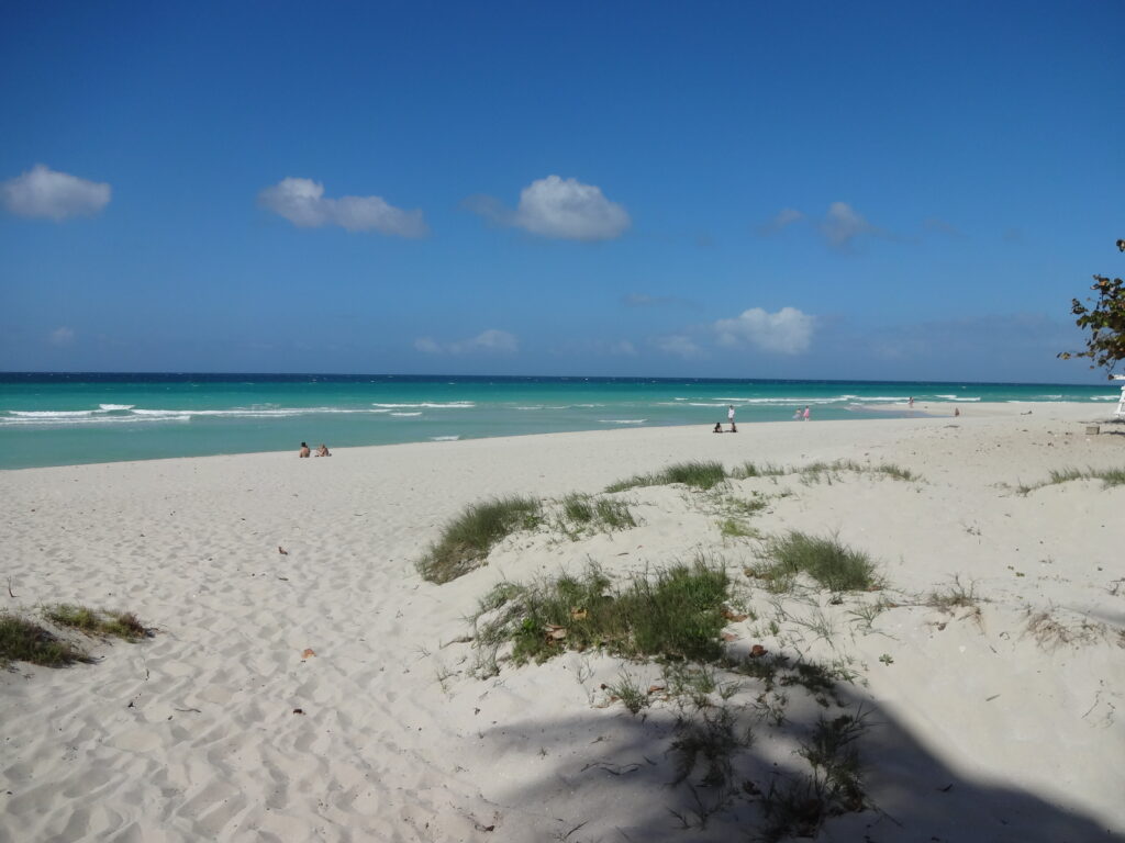 Aerial view of Varadero Beach in Cuba with turquoise waters, white sand, and palm trees lining the shore.