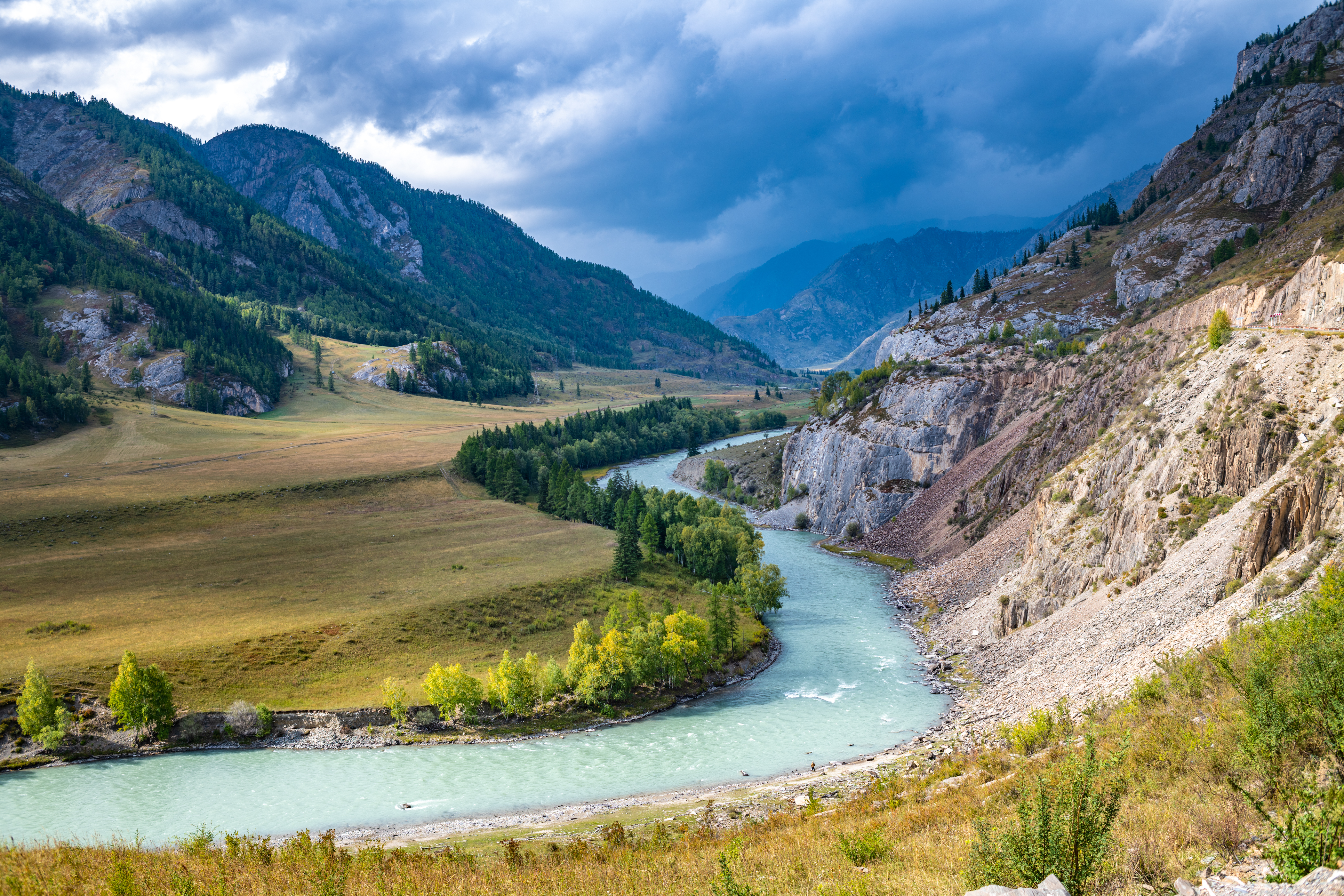 Peaceful lake in Altai Valley surrounded by towering mountains and dense forest under a calm, cloudy sky